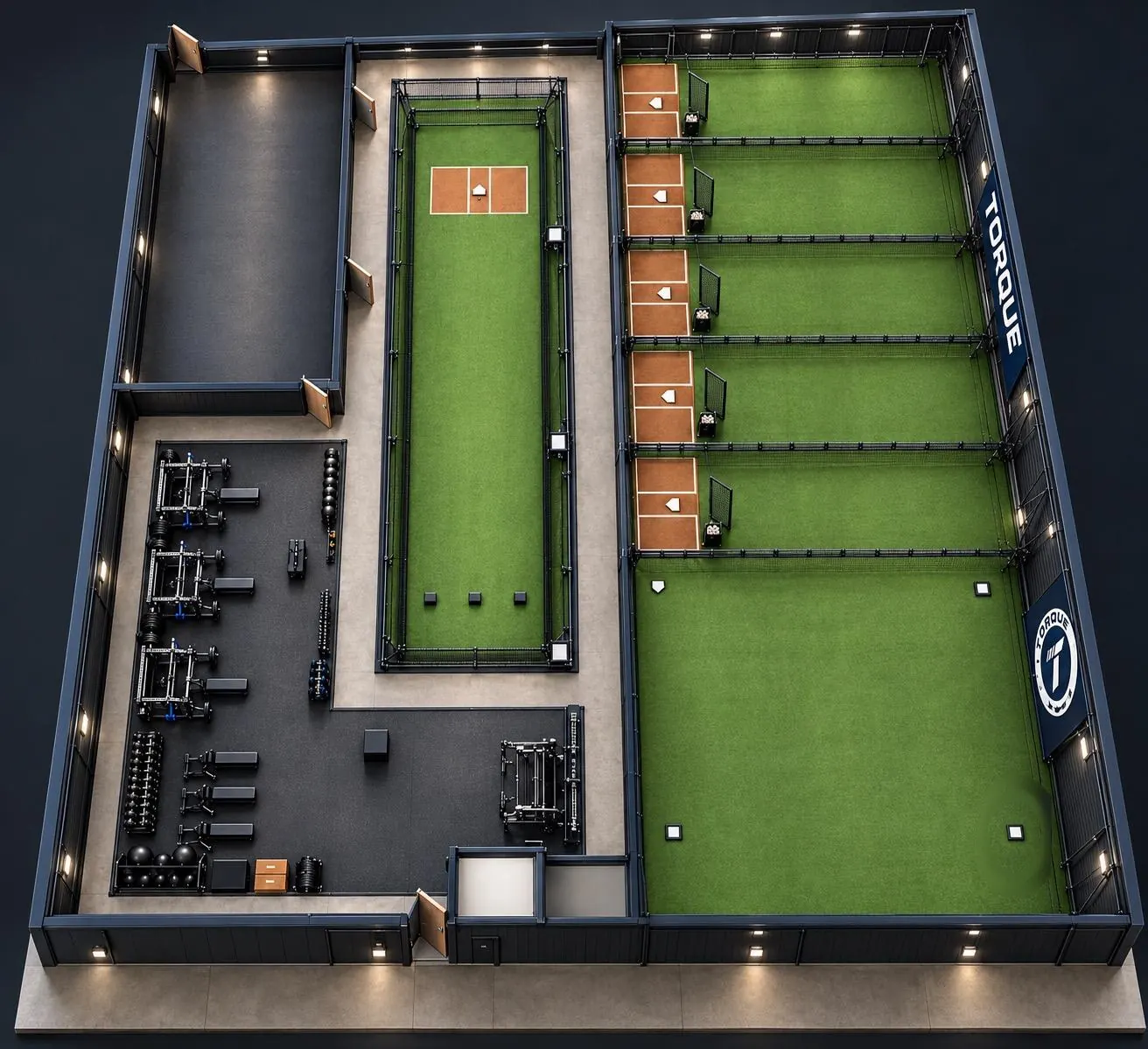 Floor plan render of the new TX Torque facility with batting cages and turf field
